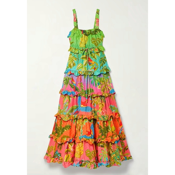 Farm Rio Anthropologie Ombre Forest Tiered Ruffle Beaded Maxi Dress - Picture 2 of 8